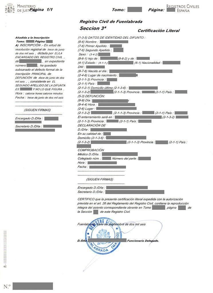 certificado literal defuncion